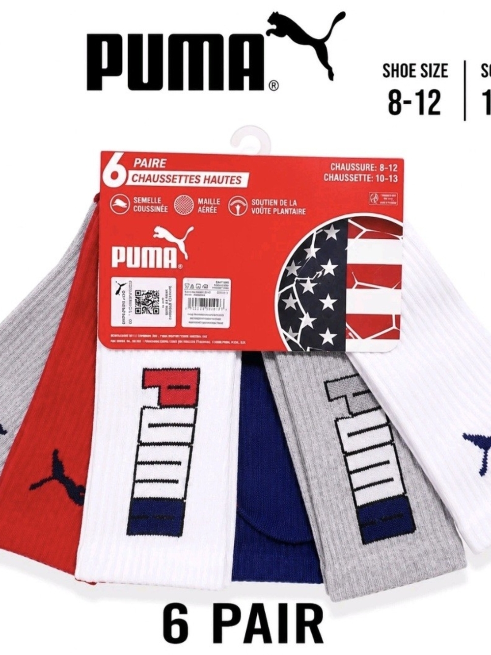 Puma Men’s 6-Pack Crew Socks — Red, White, Blue, Gray